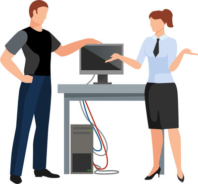 Infografik Mann und Frau stehen vor einem Computer